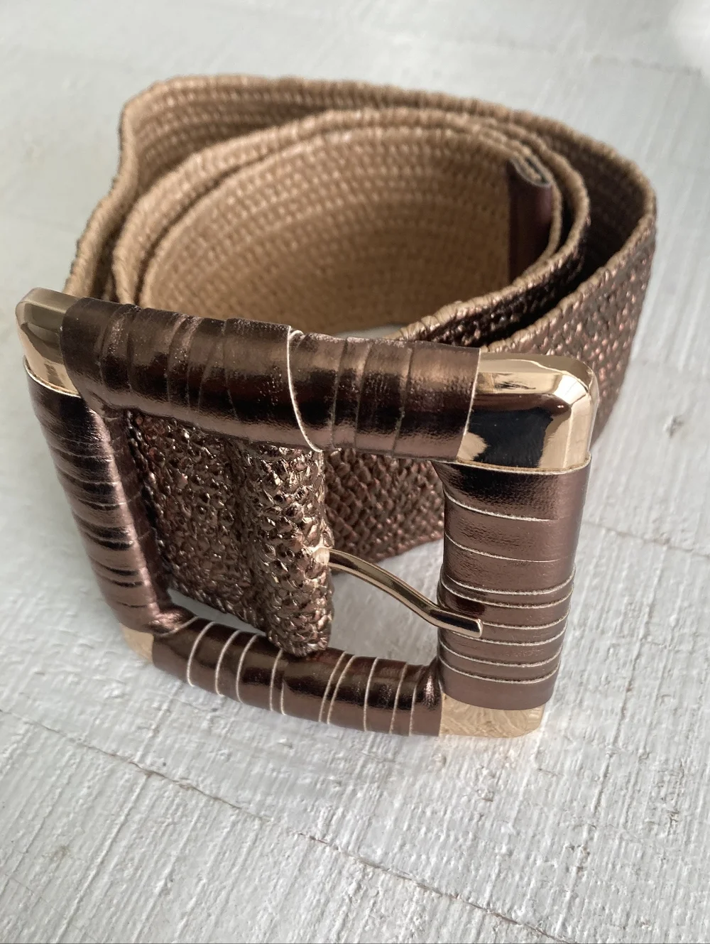 Corset Wide Woven Waist Belt Metallic Bronze Stretch Chunky Square Buckle S/M/L